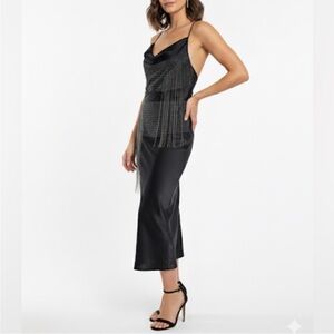 NWT Stella McCartney Cowl Chain Slip Dress Black Fringe Satin LBD Sz 44